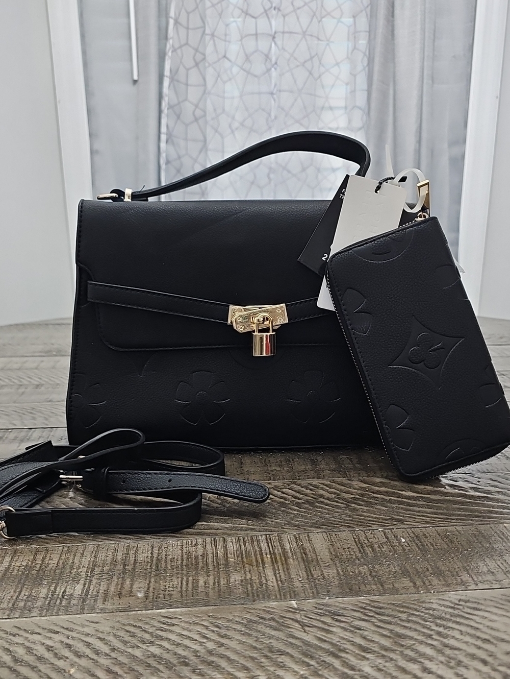 Black Embossed Leather Top-Handle Bag with Wallet